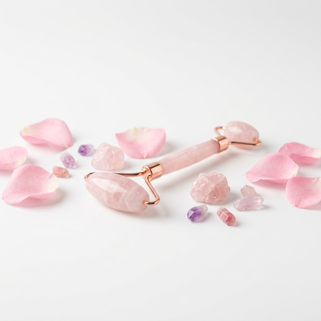 Rose Quartz Face Roller with pink crystals and petals