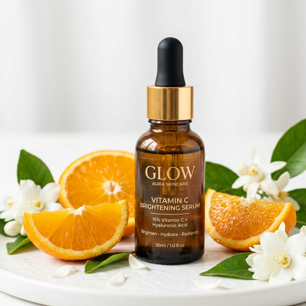 Vitamin C Brightening Serum amber dropper bottle with oranges