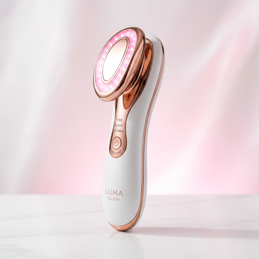 Rose gold LED Facial Massager beauty device on white background