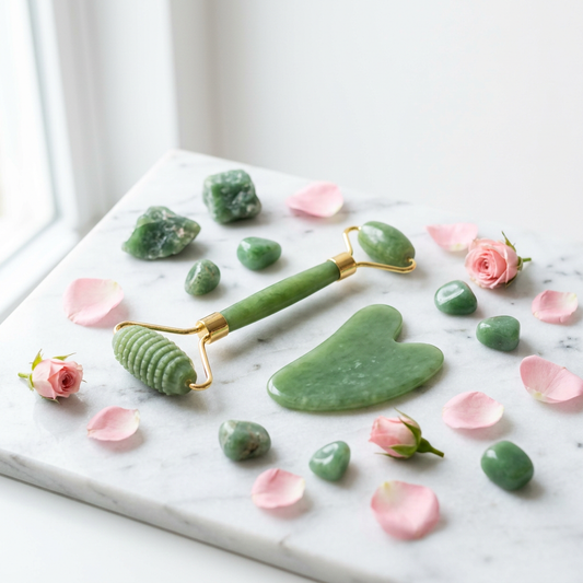 Jade Roller and Gua Sha Set on marble surface
