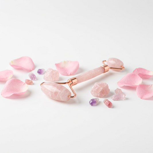 Rose Quartz Face Roller with pink crystals and petals