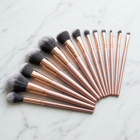 12-Piece Makeup Brush Set with rose gold handles on marble